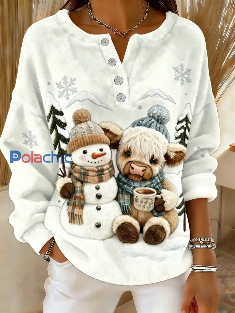 Rétro Noël Snowflake Highland Cow Snowman Imprimer confortable Flanelle Pull des femmes Blanc / S