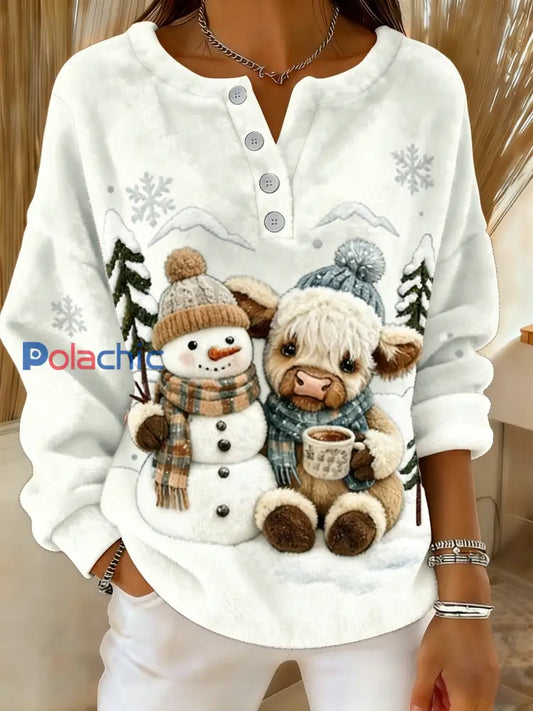 Rétro Noël Snowflake Highland Cow Snowman Imprimer confortable Flanelle Pull des femmes Blanc / S