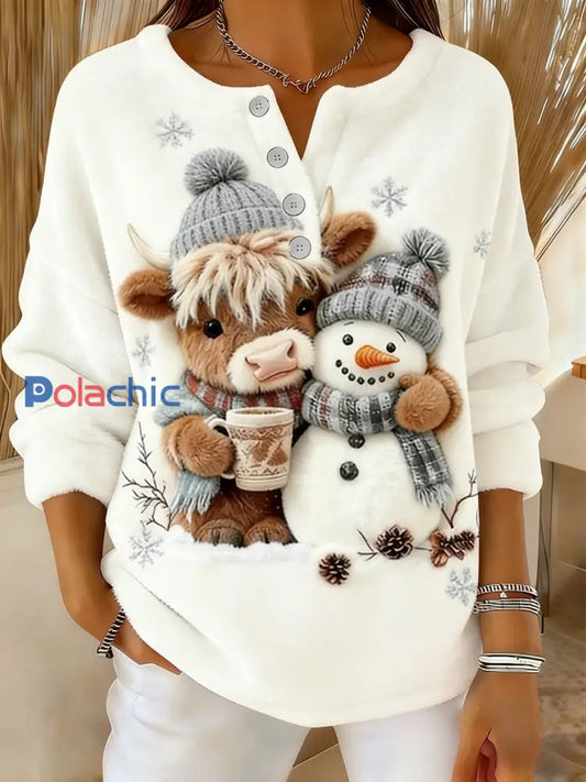 Rétro Noël Snowflake Highland Cow Snowman Imprimer confortable Flanelle Pull des femmes Blanc / S
