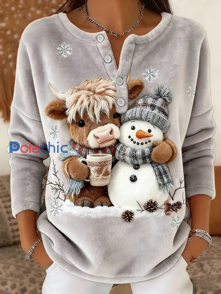 Rétro Noël Snowflake Highland Cow Snowman Imprimer confortable Flanelle Pull des femmes Gris / S