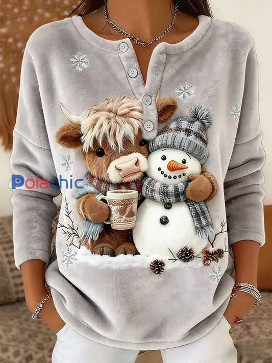 Rétro Noël Snowflake Highland Cow Snowman Imprimer confortable Flanelle Pull des femmes Gris / S