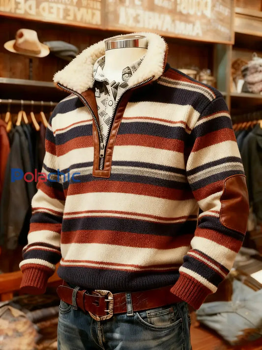 Retro Plaid Print Casual col fourrure Zipper Top des hommes comme image / S
