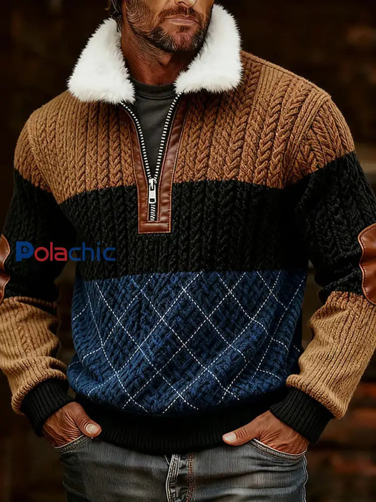 Retro Plaid Print Casual col fourrure Zipper Top des hommes comme image / S