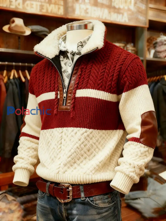 Retro Plaid Print Casual col fourrure Zipper Top des hommes comme image / S