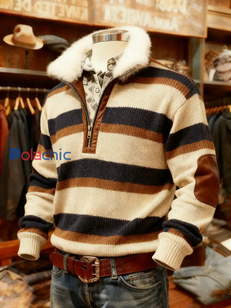 Retro Plaid Print Casual col fourrure Zipper Top des hommes comme image / S
