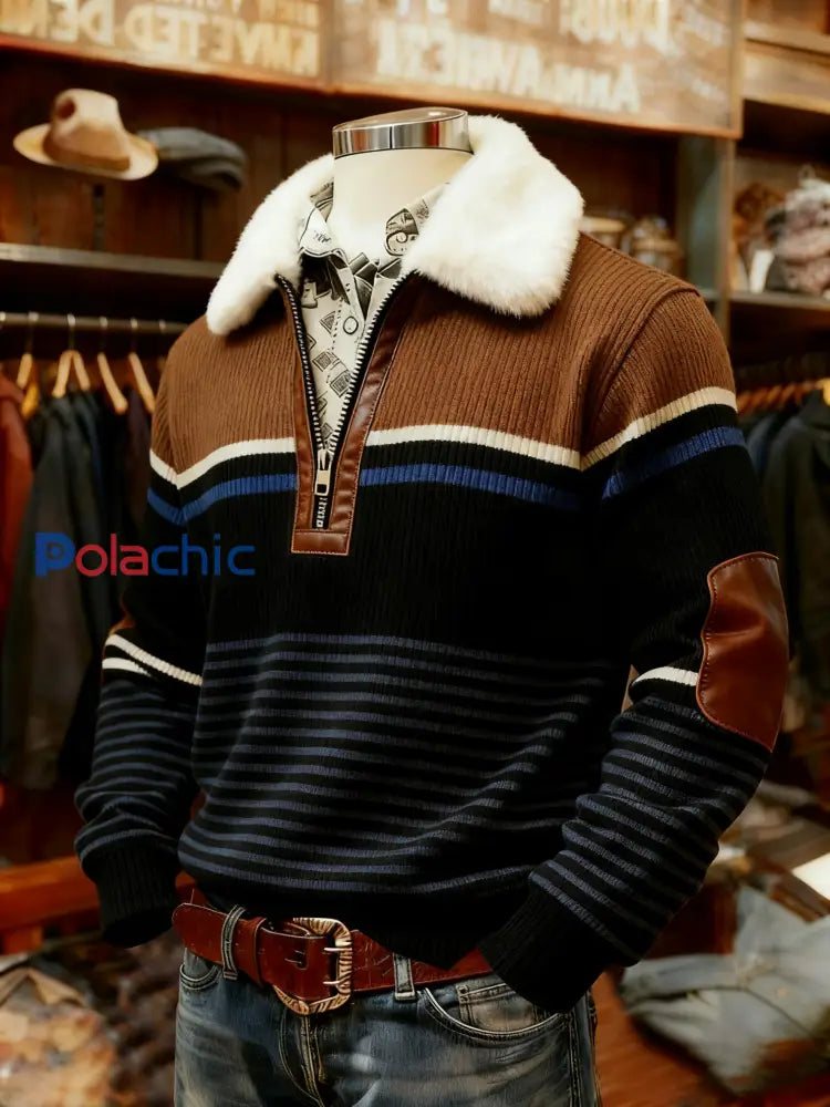 Retro Plaid Print Casual col fourrure Zipper Top des hommes comme image / S