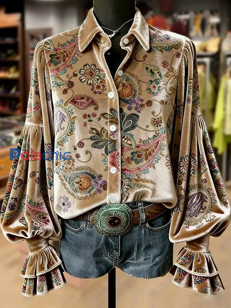 Retro Plants Flowers Art Print Top à manches longues pour femmes comme image / S