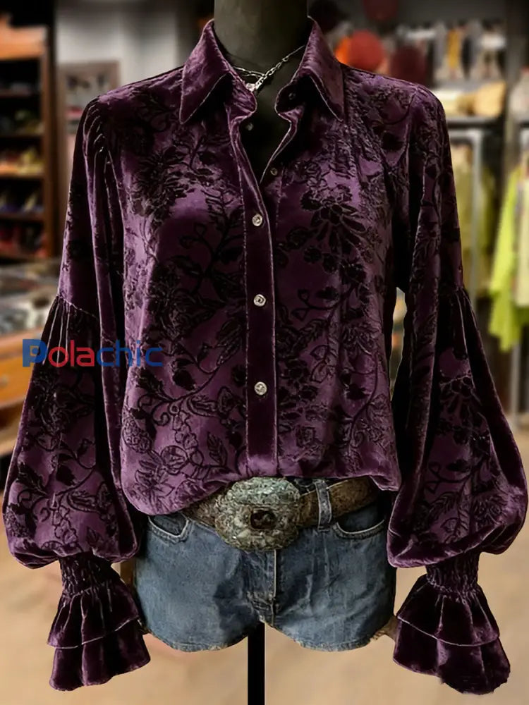 Retro Plants Flowers Art Print Top à manches longues pour femmes Violet / S