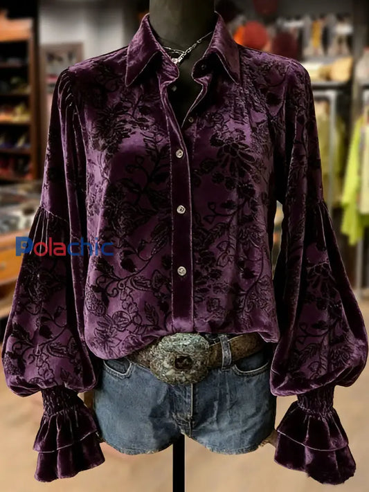 Retro Plants Flowers Art Print Top à manches longues pour femmes Violet / S
