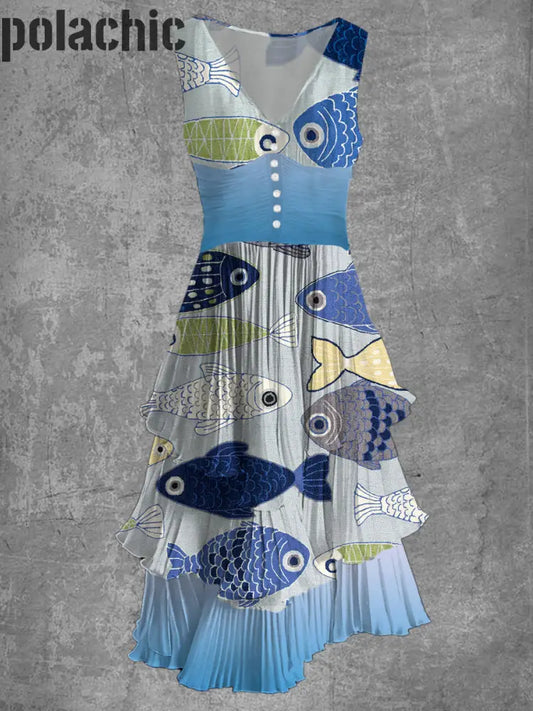 Rétro Poisson Art Print Sans Manches Col V Bouton Élégant Chic Gâteau Qui Coule Midi Robe A / M