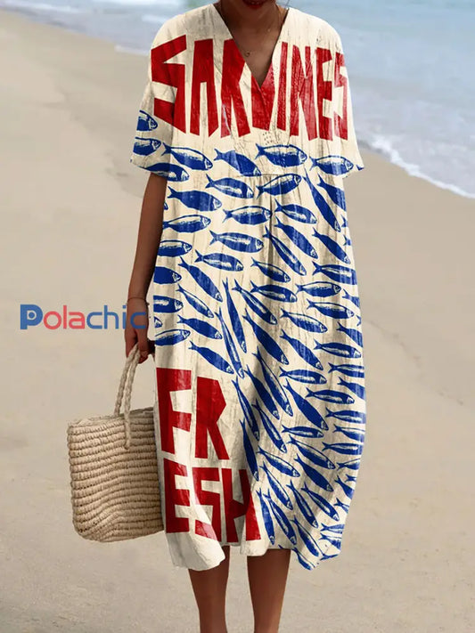 Rétro poisson imprimé v-cou élégant chic lâche manches courtes robe midi A / S