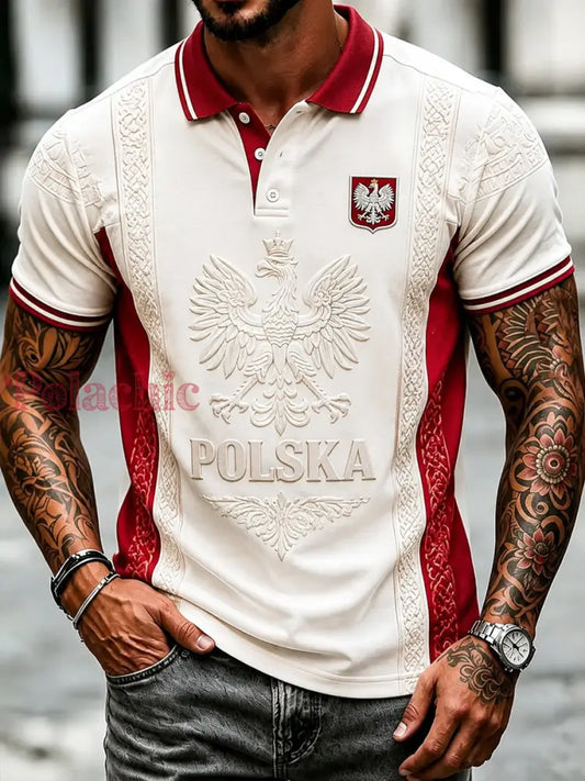 Retro polska koszulka polo z białym orłem w stylu casual - Jak na zdjęciu / S