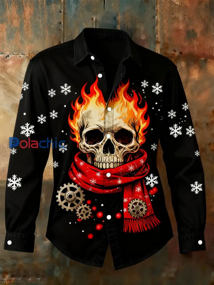 Rétro Punk Noël Crâne Flammes Abstrait Imprimer Chemise Décontractée à Manches Longues Noir / S