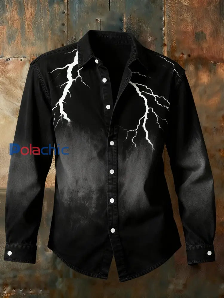 Rétro Punk Noël Foudre Gradient Abstrait Imprimer Chemise Décontractée à Manches Longues Noir / S