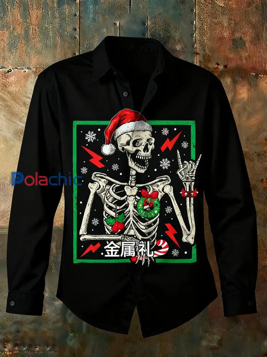 Rétro Punk Noël Gothique Fun Crâne Abstrait Imprimer Chemise Décontractée à Manches Longues Noir / S
