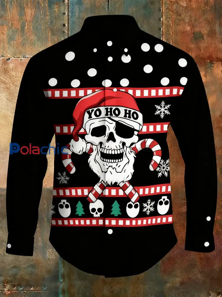 Rétro Punk Noël Gothique Fun Crâne Abstrait Imprimer Chemise Décontractée à Manches Longues Noir / S