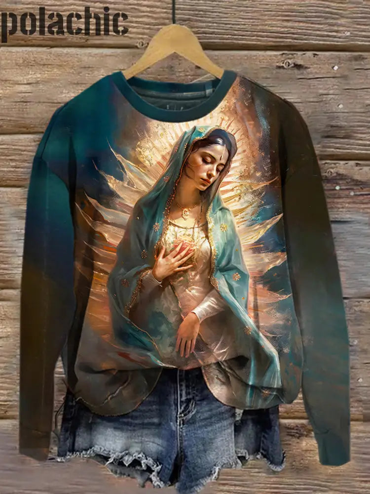 Rétro Renaissance Notre-Dame De Guadalupe Imprimé Mode Col Rond Pull Haut À Manches Longues