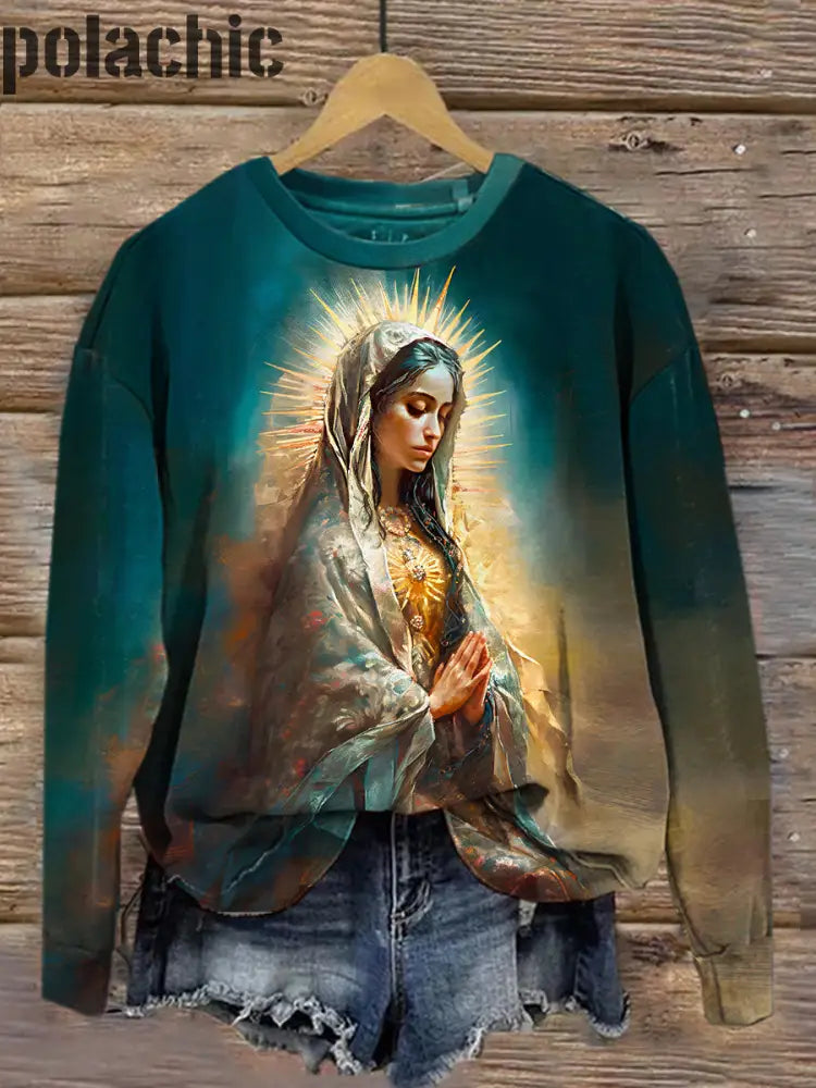 Rétro Renaissance Notre-Dame De Guadalupe Imprimé Mode Col Rond Pull Haut À Manches Longues