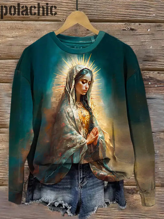 Rétro Renaissance Notre-Dame De Guadalupe Imprimé Mode Col Rond Pull Haut À Manches Longues