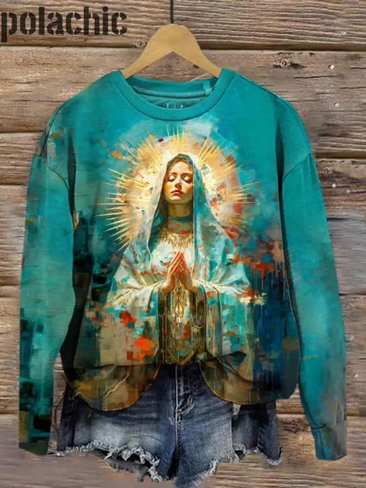 Rétro Renaissance Notre-Dame De Guadalupe Imprimé Mode Col Rond Pull Haut À Manches Longues