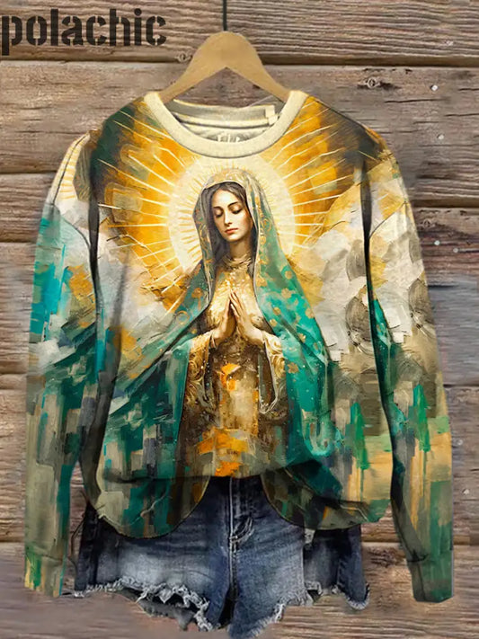 Rétro Renaissance Notre-Dame De Guadalupe Imprimé Mode Col Rond Pull Haut À Manches Longues