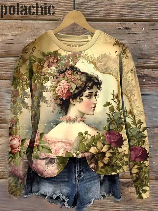 Rétro Renaissance Victorian Femmes Imprimé Mode Col Rond Pull Haut À Manches Longues