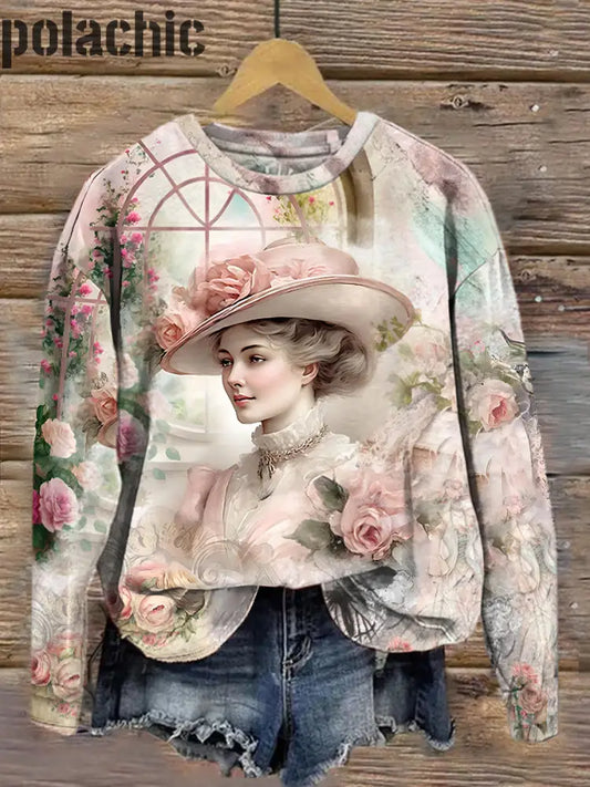 Rétro Renaissance Victorian Femmes Imprimé Mode Col Rond Pull Haut À Manches Longues