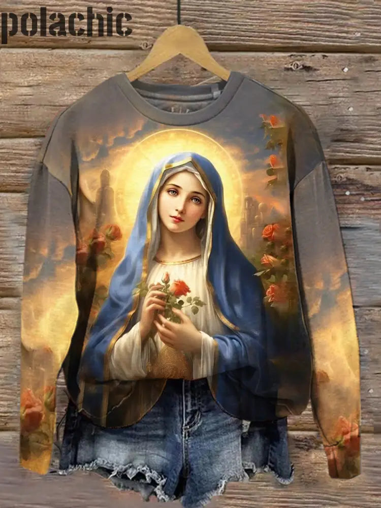 Rétro Renaissance Vierge Marie Art Peinture Imprimer Mode Col Rond Pull Haut À Manches Longues