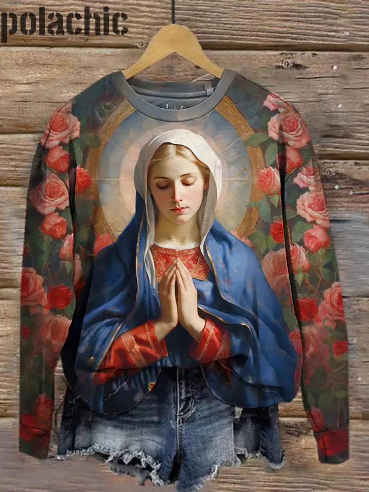 Rétro Renaissance Vierge Marie Art Peinture Imprimer Mode Col Rond Pull Haut À Manches Longues A / M