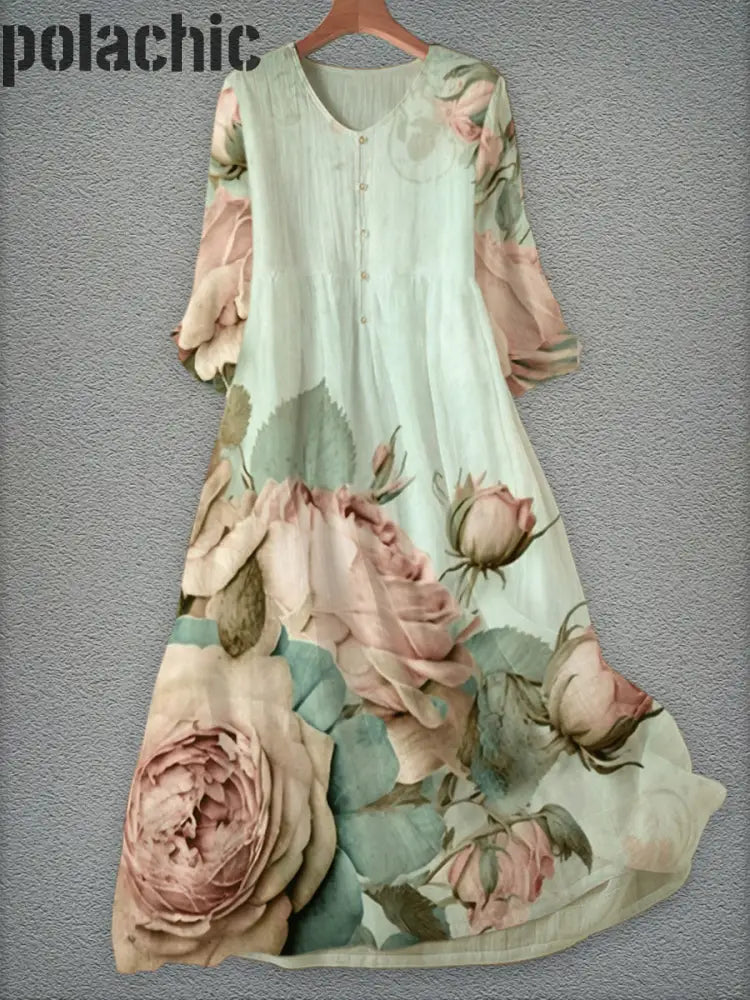 Rétro Rose Imprimé Floral Col Rond Bouton Mode Vintage Robe Midi À Manches Longues A / S