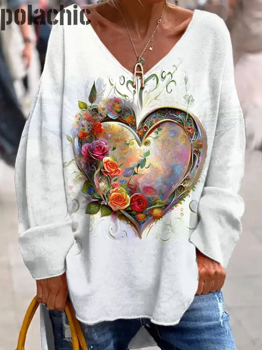 Rétro Saint Valentin Amour Art À La Mode Col En V Pull Manches Longues Top A / S