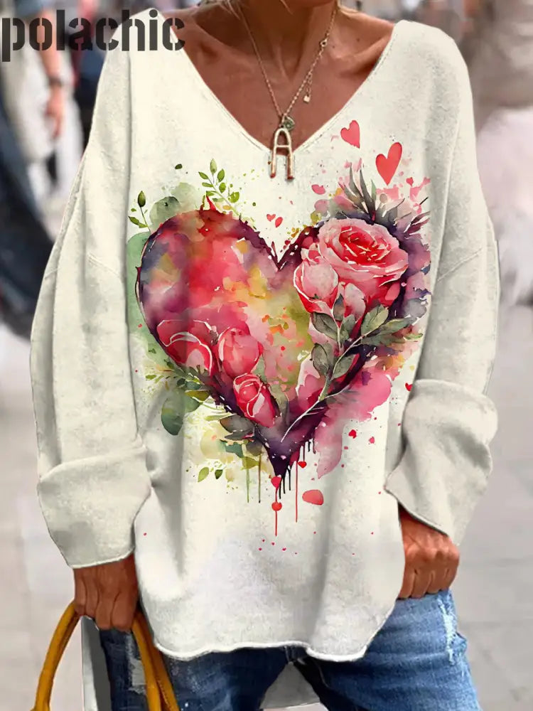 Rétro Saint Valentin Amour Art À La Mode Col En V Pull Manches Longues Top A / S