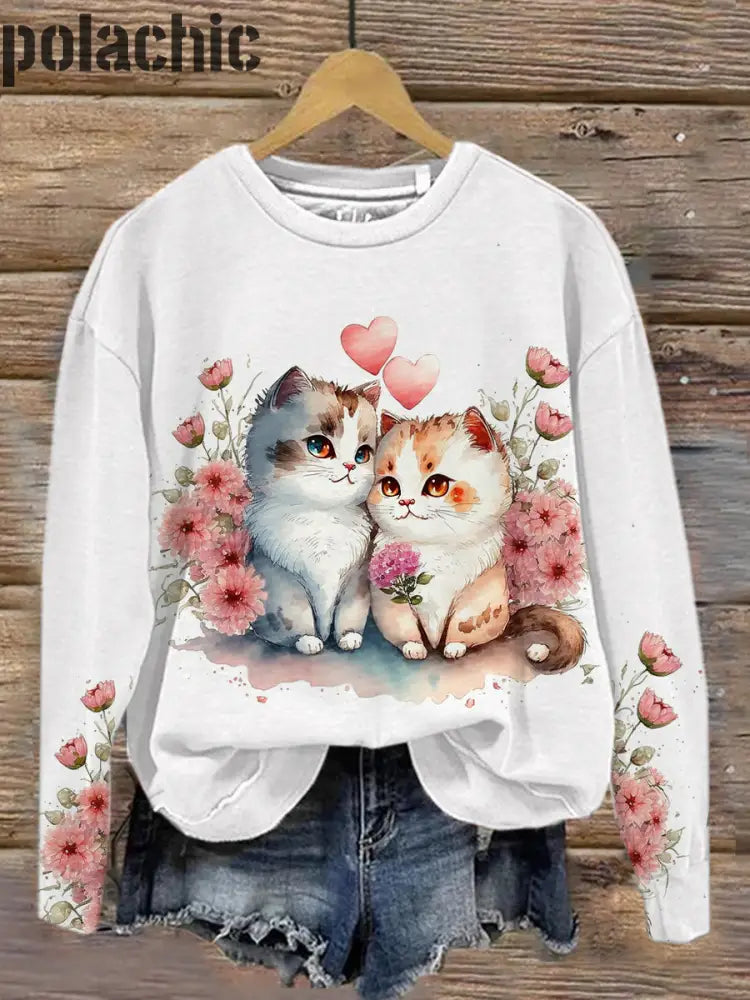 Rétro Saint Valentin Chat Art Imprimer Mode Col Rond Pull Haut À Manches Longues