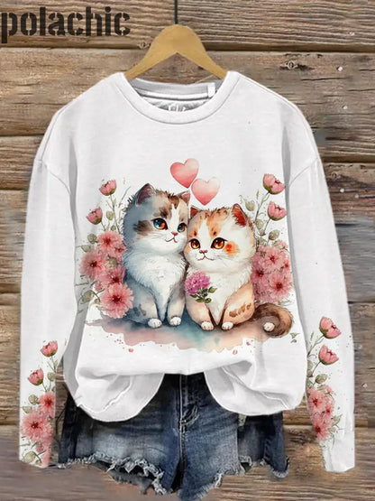 Rétro Saint Valentin Chat Art Imprimer Mode Col Rond Pull Haut À Manches Longues A / S