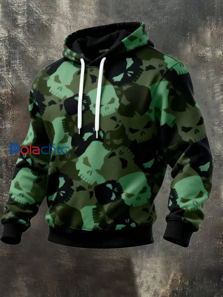 Retro Skeleton Camouflage surdimensionné Goutte-épaule Hoodie hommes Vert / S