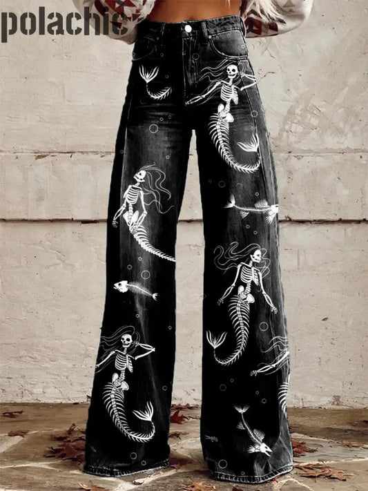 Retro Skull And Fishbone Pattern Print Pantalon Large Décontracté Pour Femmes