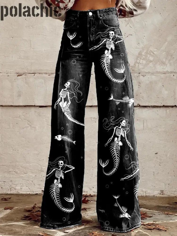 Retro Skull And Fishbone Pattern Print Pantalon Large Décontracté Pour Femmes A / S