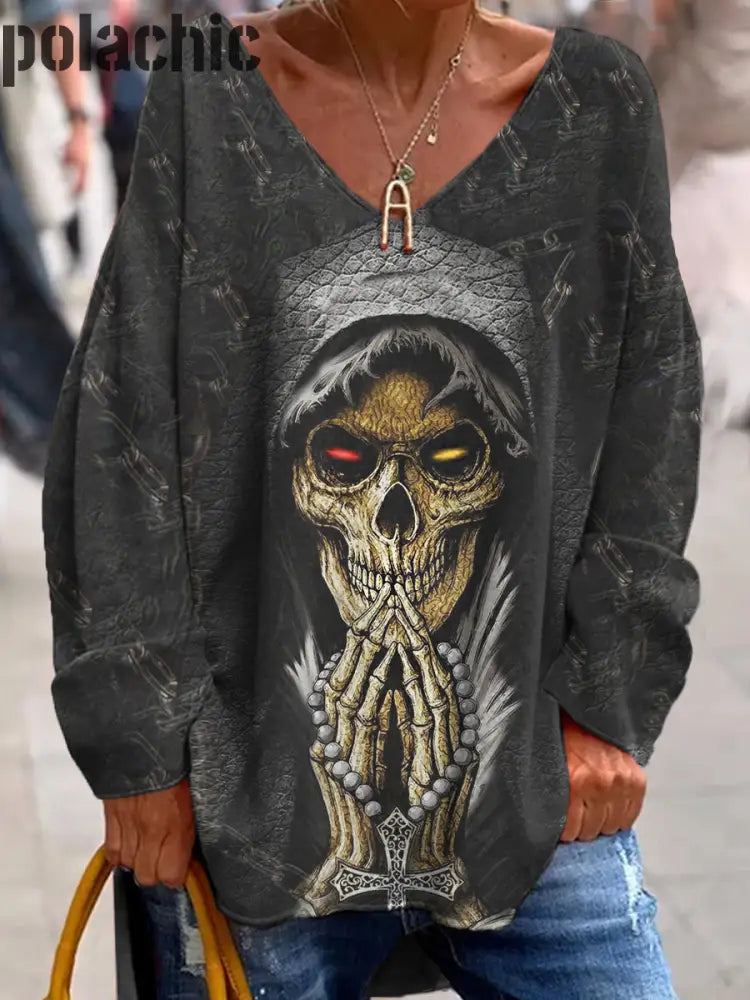 Rétro Skull Art Impression Mode V-Cou Manches Longues Top