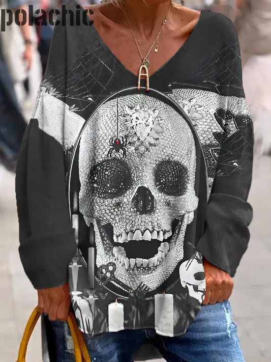 Rétro Skull Art Impression Mode V-Cou Manches Longues Top