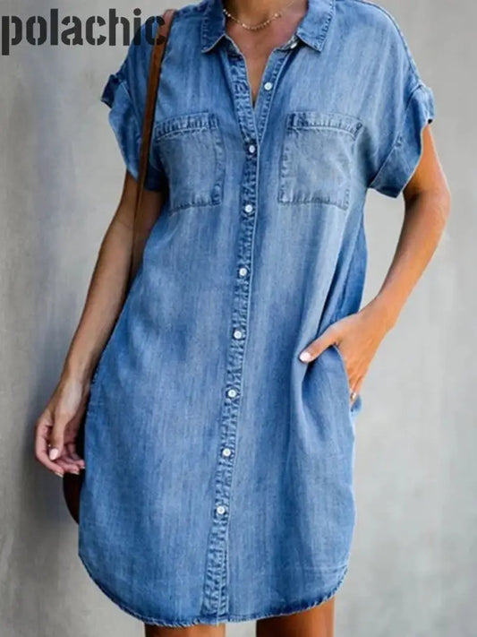 Retro Slim Denim Manches Courtes Midi Robe Femme Bleu / S