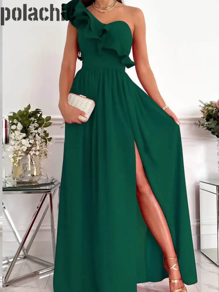 Rétro Solide Couleur Volants Ourlet Fente Longue Robe Femme Vert / S