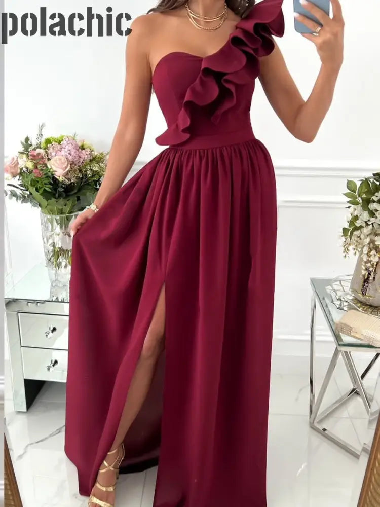 Rétro Solide Couleur Volants Ourlet Fente Longue Robe Femme Vin Rouge / S