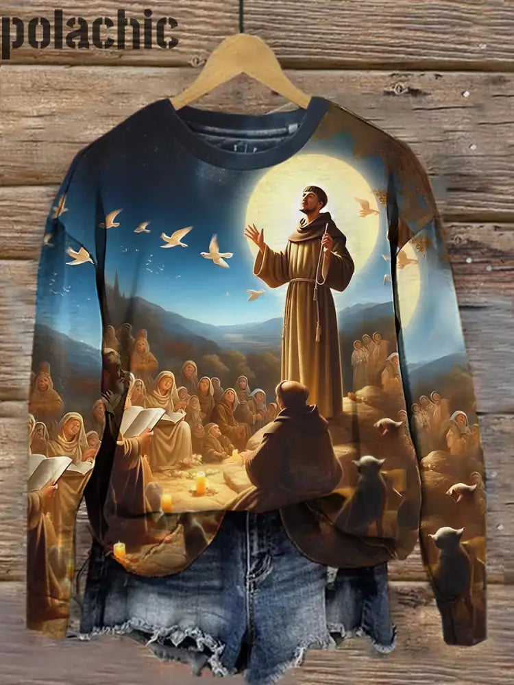 Rétro St Francis Assise Art Print Mode Col Rond Pull Haut À Manches Longues