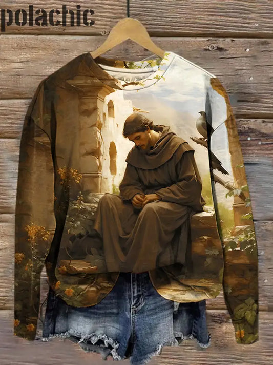 Rétro St Francis Assise Art Print Mode Col Rond Pull Haut À Manches Longues