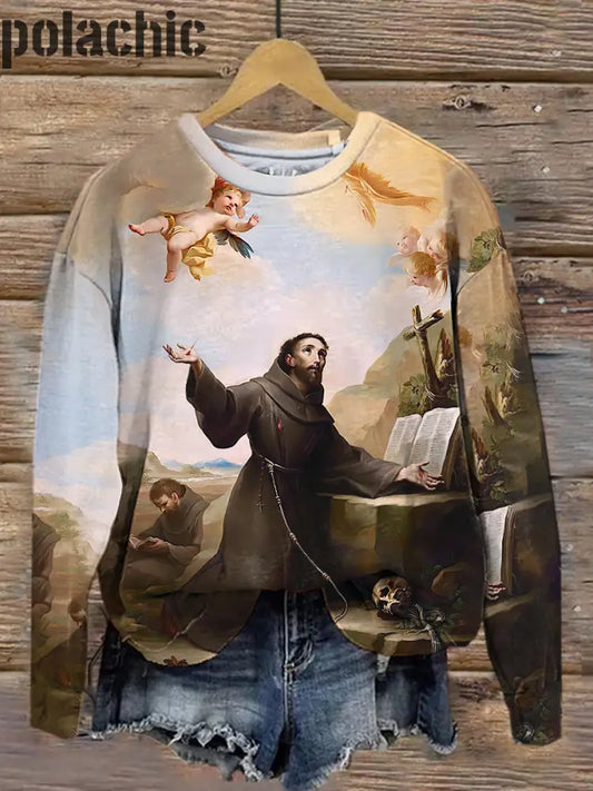 Rétro St Francis Assise Art Print Mode Col Rond Pull Haut À Manches Longues