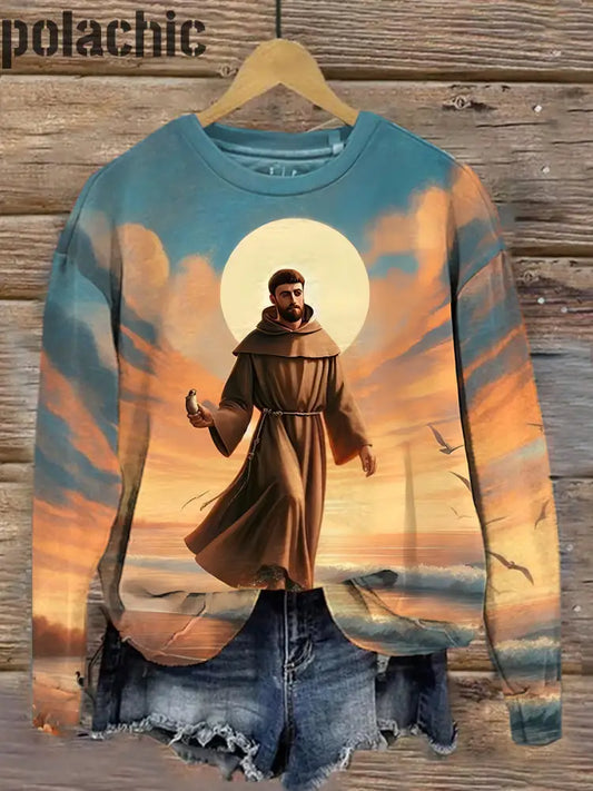 Rétro St Francis Assise Art Print Mode Col Rond Pull Haut À Manches Longues