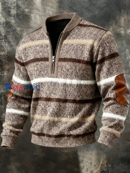 Retro Stripes Print Casual Half-Zip Pullover pour hommes Brun clair / S