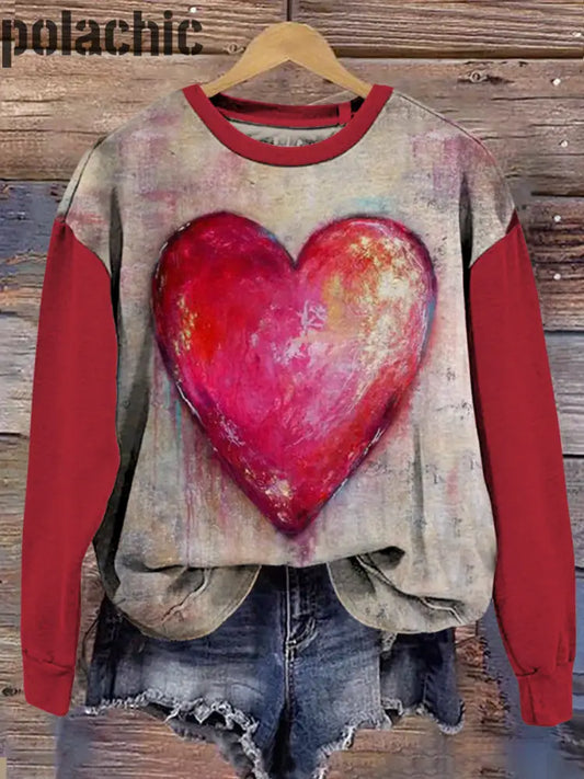 Rétro Valentine’s Dayoil Peinture Imprimé Col Rond Pull Loose Sweat À Manches Longues A / S