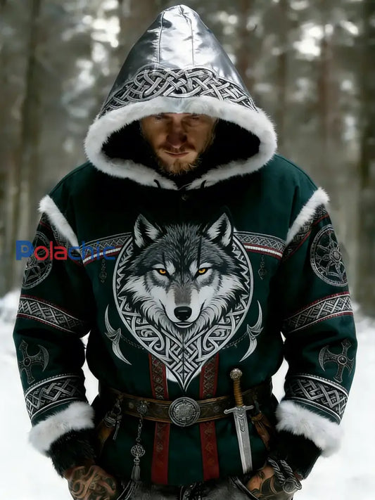 Rétro Viking Celtic Art Pattern Plush Veste à capuche zippée chaude pour hommes A / S