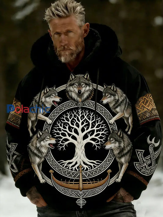 Rétro Viking Celtic Art Pattern Plush Veste à capuche zippée chaude pour hommes A / S
